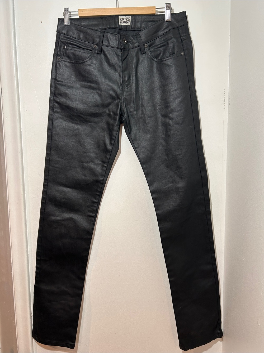 Naked and Famous Men's waxed Black Slim Jeans Size 33